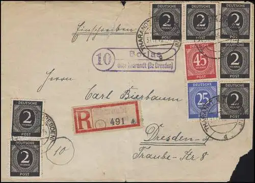 Ziffern-MiF Briefvorderseite Landpost Borlas über Tharandt 31.12.46 n. Dresden