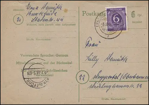 Postkarte P 783I mit 916 Entwertung BUXTEHUDE 3.8.46 Neben-O WYK auf FÖHR 2.7.46