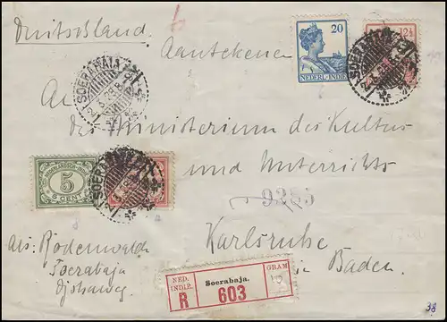Niederländisch Indien R-Brief mit MiF von Soerabaja 2.3.28 n. Karlsruhe 31.3.28