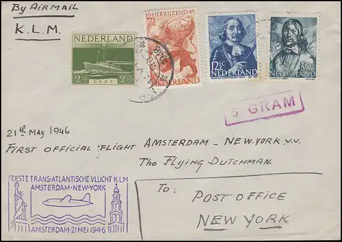 Transatlantik-Erstflug KLM Amsterdam - New York am 21.5. 1946, Brief mit MiF 