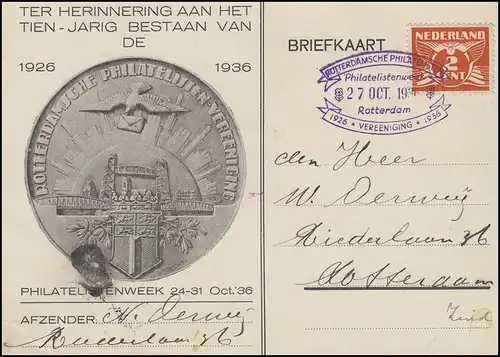 Carte postale spéciale Association des philatélistes 1926-1936 avec SSt Rotterdam 27.10.1937