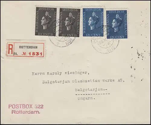 318+320 Regierungsjubiläum 1938 MiF R-Brief ROTTERDAM 26.10.1938 nach Ungarn