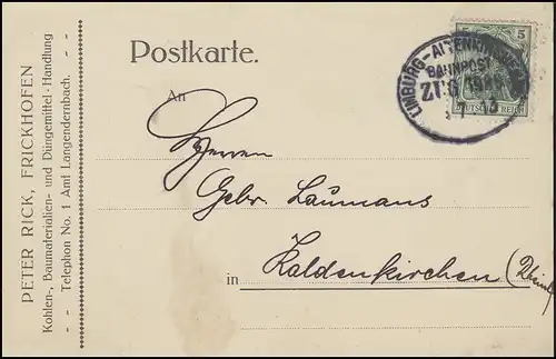 Bahnpost LIMBURG - ALTENKIRCHEN (W.) Juli 1913 auf Postkarte EF Germania 5 Pf.