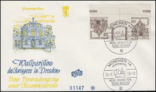 Zusammendruck KZ2a Zwinger Dresden mit Rand auf FIDACOS-FDC ESSt MÜNCHEN 24.7.65