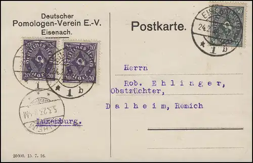 209+230 Posthorn-MiF Postkarte Pomologen-Verein ERFURT 24.2. nach Dalheim 5.3.23
