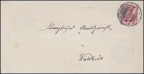 Germania 10 Pf. wiederverwendete Briefhülle DERSCHLAG 19.3.10 nach Waldbröl