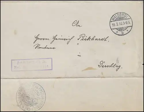 Germania 10 Pf. wiederverwendete Briefhülle DERSCHLAG 19.3.10 nach Waldbröl