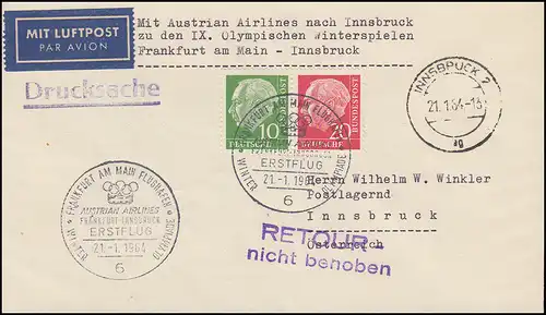 Premier vol Francfort-Innsbruck Winterolympiade 21.1.64 DS Heuss-ZD W 21+ Olympia-O