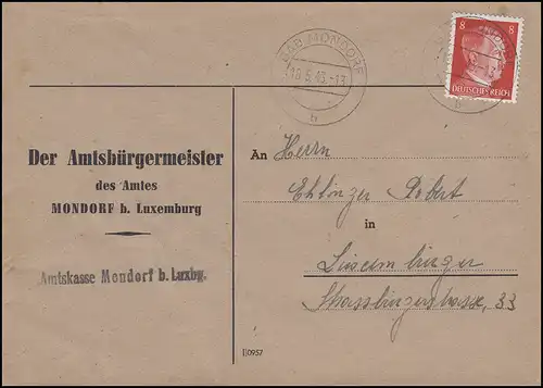 Luxemburg Hitler-EF 8 Pf Brief Amtsbürgermeister Amtskasse BAD MONDORF 10.5.43