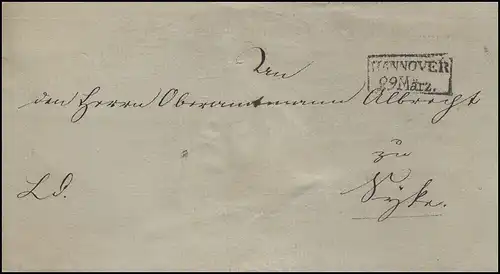 Hannover Vorphilatelie Coiffe de lettre Stamp de cadre HANNOVER 29 mars. après Syke