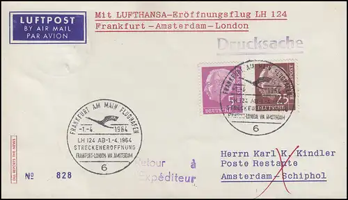 Erstflug LH 124 Frankfurt-Amsterdam-London mit Heuss 5+25, SSt FRANKFURT 1.4.64