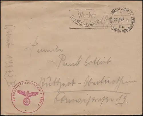Service de poste de Feldpost 14970B de FRANKFURT / MAIN 1 ma - 20.6.42 vers Stuttgart