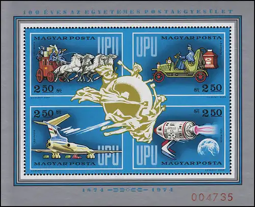 Block 106I Jahrestag Weltpostverein UPU 1874-1974, Block OHNE Mittelzähnung, **