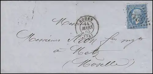 Frankreich 20 Napoleon 20 C. als EF auf Brief ROUEN 14.3.65 über Paris nach Metz