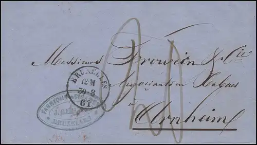 Belgique Lettre de service BRUXELLES / BRUSELLES 30.8.61 vers ARNHEIM 31.8.1861