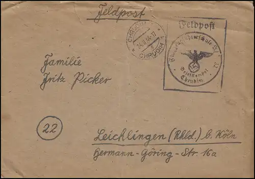 Feldpost Briefstempel Flugzeugführerschule 23 CHRUDIM 24.2.44 nach Leichlingen