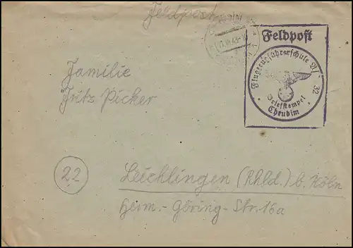 Feldpost Briefstempel Flugzeugführerschule 23 CHRUDIM 11.3.43 nach Leichlingen