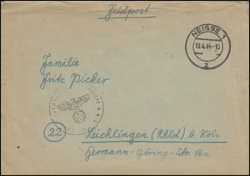 Feldpost Briefstempel Flugzeugführerschule A 93 NEISSE 1z 19.4.44 n. Leichlingen