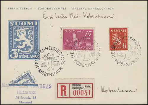 Premier vol Helsinki - Copenhague 11.3.1948 sur carte postale spéciale R avec MiF avec SSt