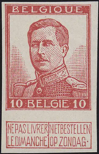 Belgique 100U Roi Albert I. 1912 - Pression d'essai non-dente, marque sans caoutchouc