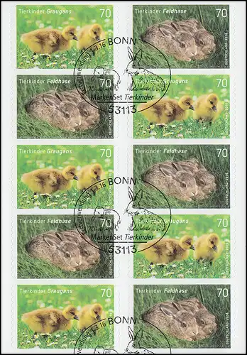 FB 55 Enfants d'animaux Graugans & Feldhase, feuille de 5x3222 + 5 x 3223, EV-O Bonn