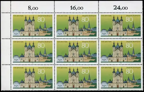 1722 Fulda: Eckrand-9er-Block mit PLF auf Feld 2 und PLF 1722X auf Feld 11, ** 