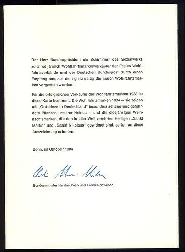 Carte ministérielle A5 élevée 21/1984 Wohns Bund et Berlin Orchidées ESSt Bonn 1984