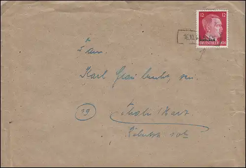 Brief mit EF 12 Pf aus Magdeburg mit Datumsstempel im Rahmen 16.10.44 n. Thale