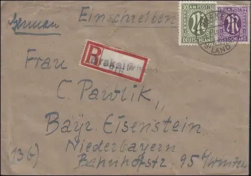 Not-R-Zettel Brakel auf R-Brief mit AM-Post-MiF BRAKEL LAND Kr. Höxler 4.2.46