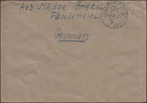 Not-R-Zettel Brakel auf R-Brief mit AM-Post-MiF BRAKEL LAND Kr. Höxler 4.2.46