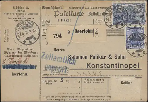 Freimarken 95BII und 87II auf Paketkarte ISERLOHN 27.6.18 nach Konstantinopel