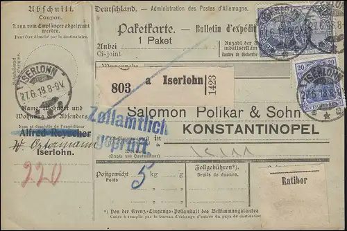 Freimarken 95BII und 87II auf Paketkarte von ISERLOHN 27.6.18 n. Konstantinopel