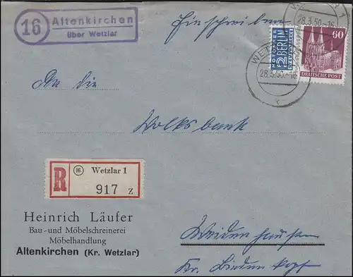 93 eg Bauten 60 EF R-Brief Landpoststempel Altenkirchen über WETZLAR 28.3.50