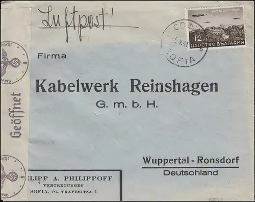 Bulgarie 1941: 382 EF Lettre SOFIA 6.5.41 vers Wuppertal - censure en Allemagne