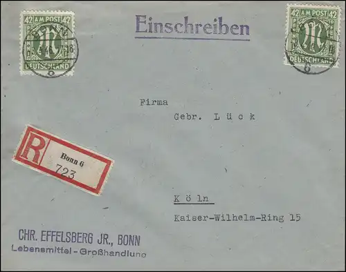 31 AM-Post 42 Pf. als MeF auf R-Brief BONN 3.4.46 nach Köln 4.4.46