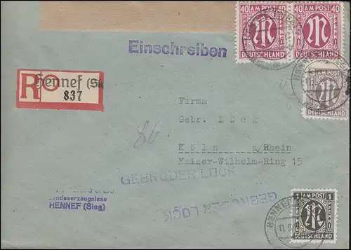 AM-Post-MiF R-Lettre Not-R-Zettel Hennef (SIEG) 1-11.5.46 vers Cologne 13.5.47