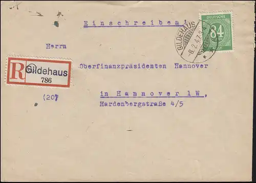 936 Ziffer 84 Pf. EF R-Brief Not-R-Zettel GILDEHAUS 8.2.47 nach Hannover 11.2.47