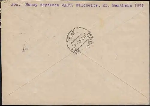 936 Ziffer 84 Pf. EF R-Brief Not-R-Zettel GILDEHAUS 8.2.47 nach Hannover 11.2.47