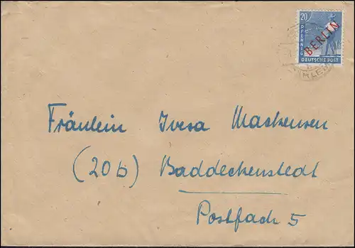 26 Rotaufdruck 20 Pf. EF Brief BERLIN-DAHLEM 8.7.49 nach Baddeckenstedt 