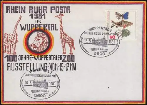 RHEIN RUHR POSTA Wuppertaler Zoo handgemalter Künstler-Bf SSt Stadthalle 16.5.81