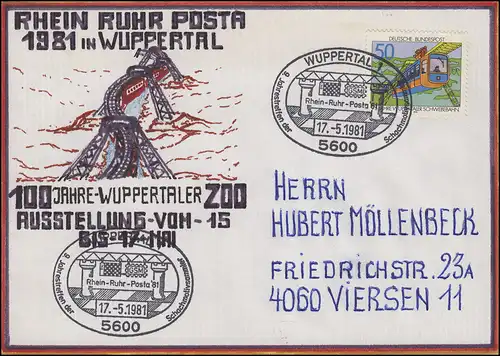 RRP Wuppertaler Schwebebahn selbstgemalter Brief SSt Schachmotivsammler 17.5.81