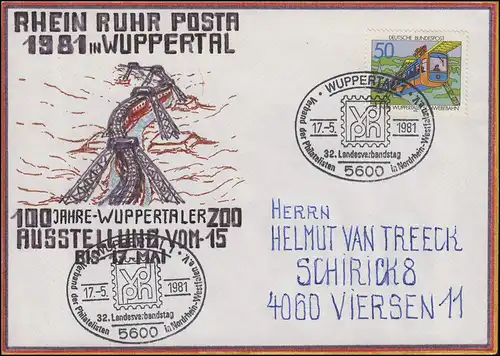 RRP Wuppertaler Schwebebahn selbstgemalter Brief SSt Wuppertal vdph 17.5.1981