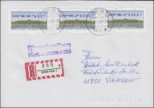 2.1. ATM 50+200+ 200 avec impression partielle R-Bf. Cologne 8.4.97 vers Viersen avec billet E