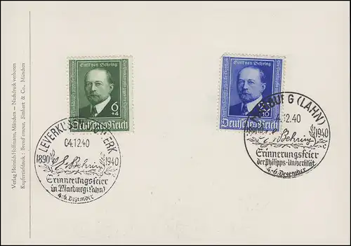 760-761 Emil von Behring: Satz auf Ansichtskarte Behring, SSt LEVERKUSEN 4.12.40