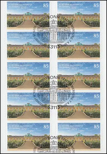 FB 56 Schloss Sanssouci, Folienblatt mit 10x3231, EV-O Bonn 7.4.2016
