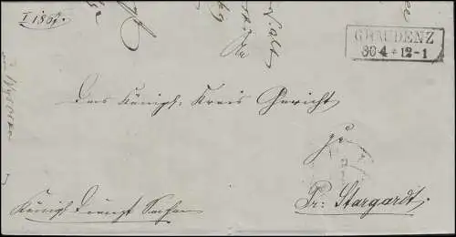Preußen Brief GRAUDENZ 30.4.1867 nach Preuss. Stargard u. zurück 1869