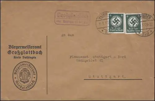 D 135 Landesbehörde 6 Pf. MeF Landpost Großglattbach über VAIHINGEN 31.5.37