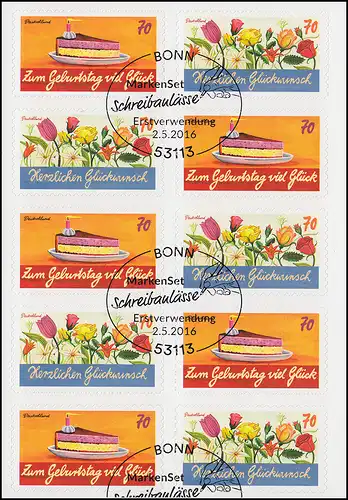 FB 58 Félicitations et anniversaire, feuille de 5x3243 et 5 x3244, EV-O Bonn