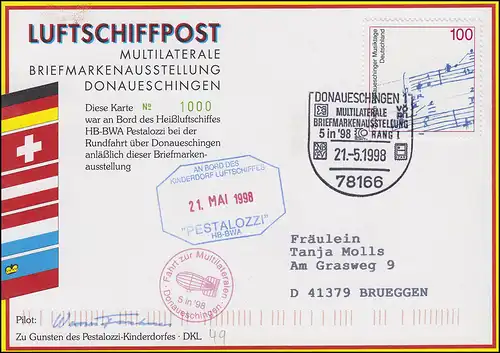 Luftschiffspost DKL 49 PESTALOZZI Briefmarkenausstellung DONAUESCHINGEN 21.5.98