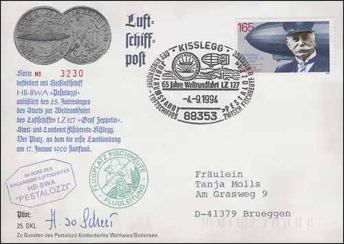 Luftschiffspost DKL 25 PESTALOZZI Weltrundfahrt LZ 127 SSt KISSLEGG 4.9.1994